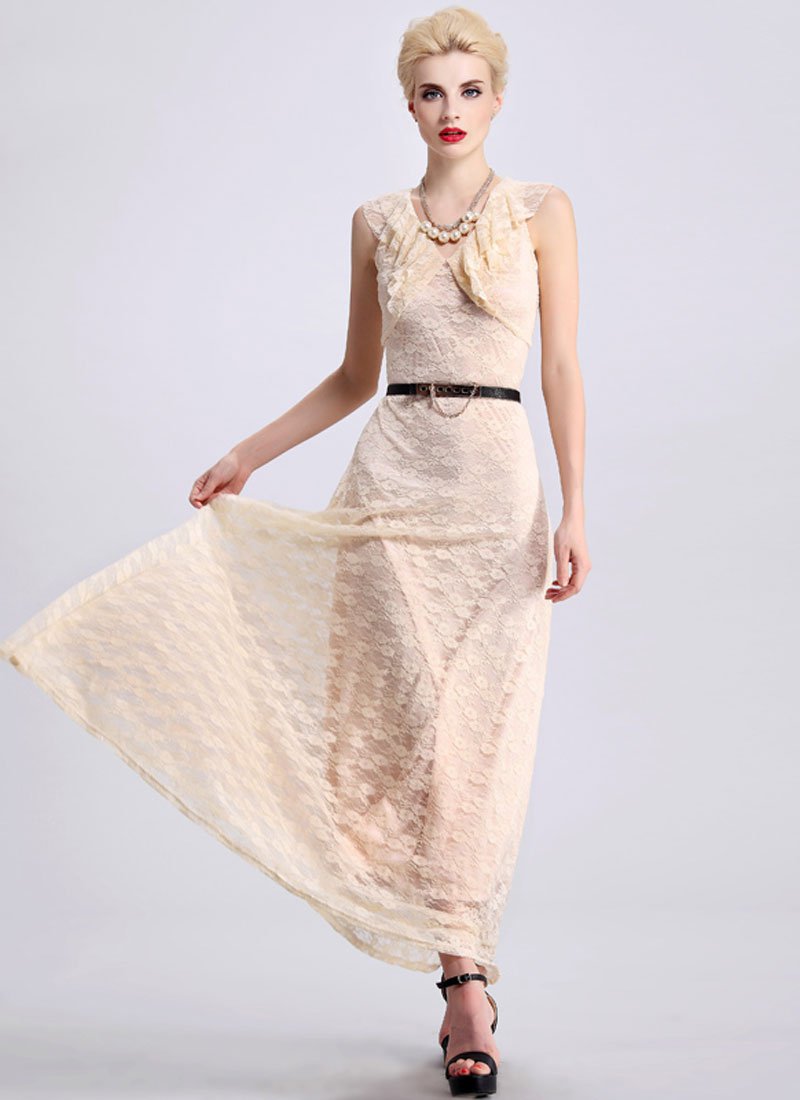 Beige Lace Maxi Dress with Draped Neckline RM410