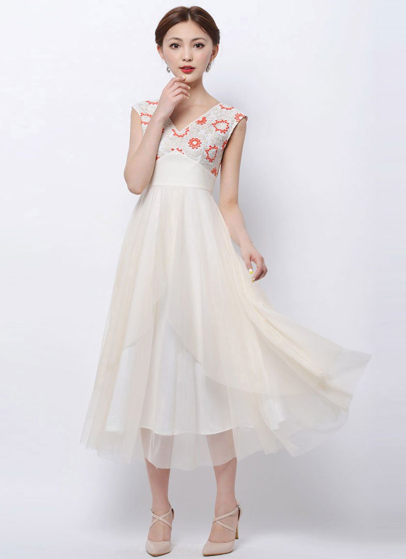 Ivory Lace Tulle Maxi Dress with Orange Embroidery and Asymmetric Skirt RM92