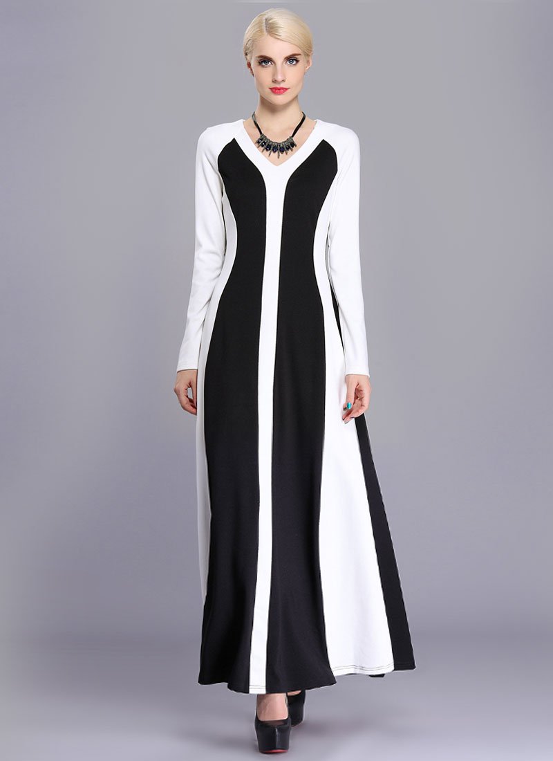 Long Sleeve Black Maxi Dress with White Fabric Panel Details RM412
