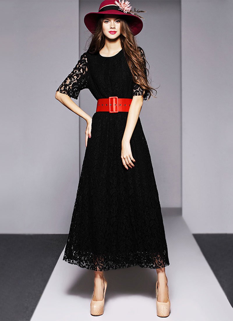 Half Sleeve Black Lace Maxi Dress with Metal Zipper RM413