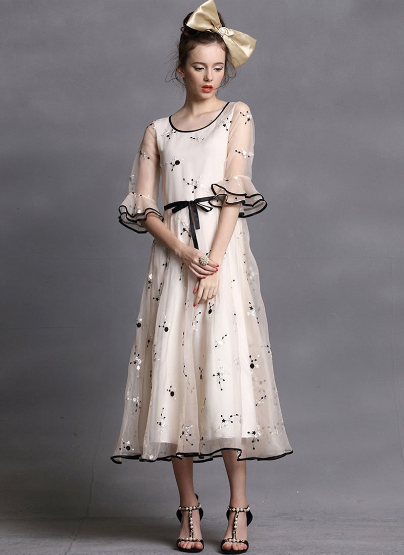 Floral Embroidered Organza Tea Dress with Layered Lantern Sleeves RM414