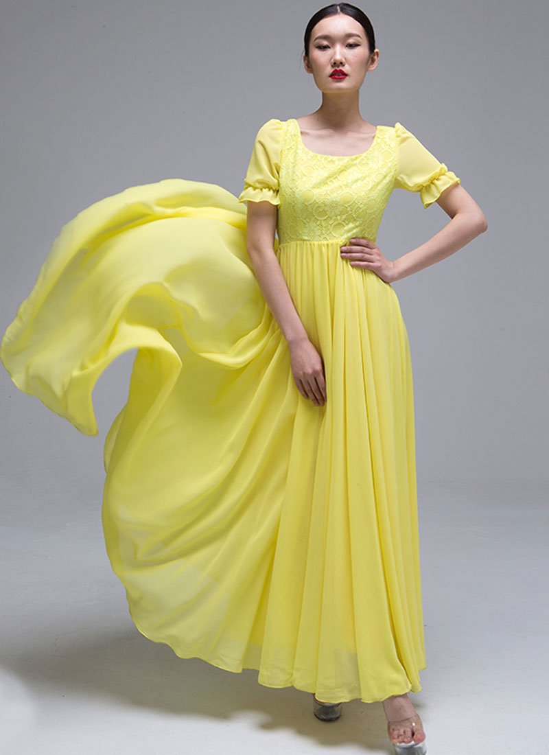 Yellow Lace Chiffon Maxi Dress with Puff Sleeves RM418