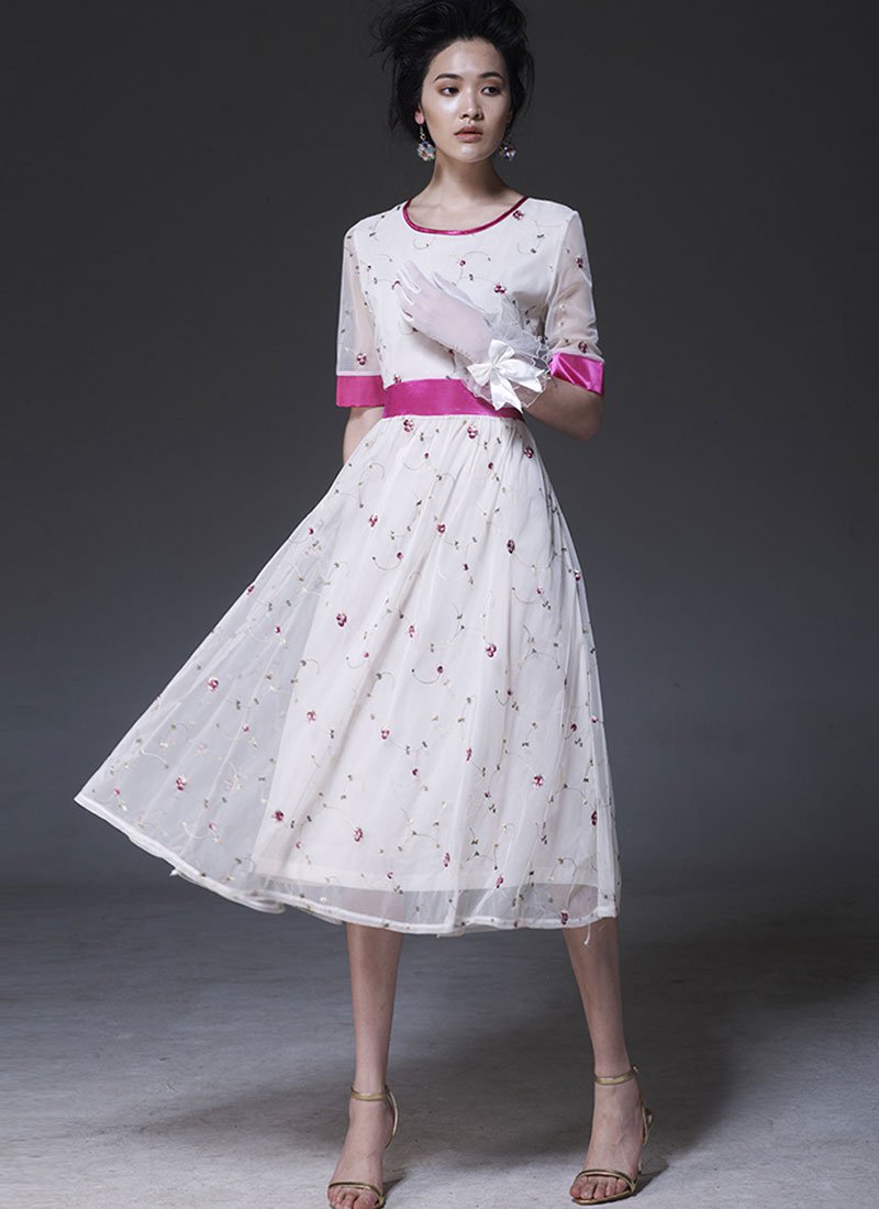 Floral Embroidered Tulle Midi Dress with Purple Satin Details RM420