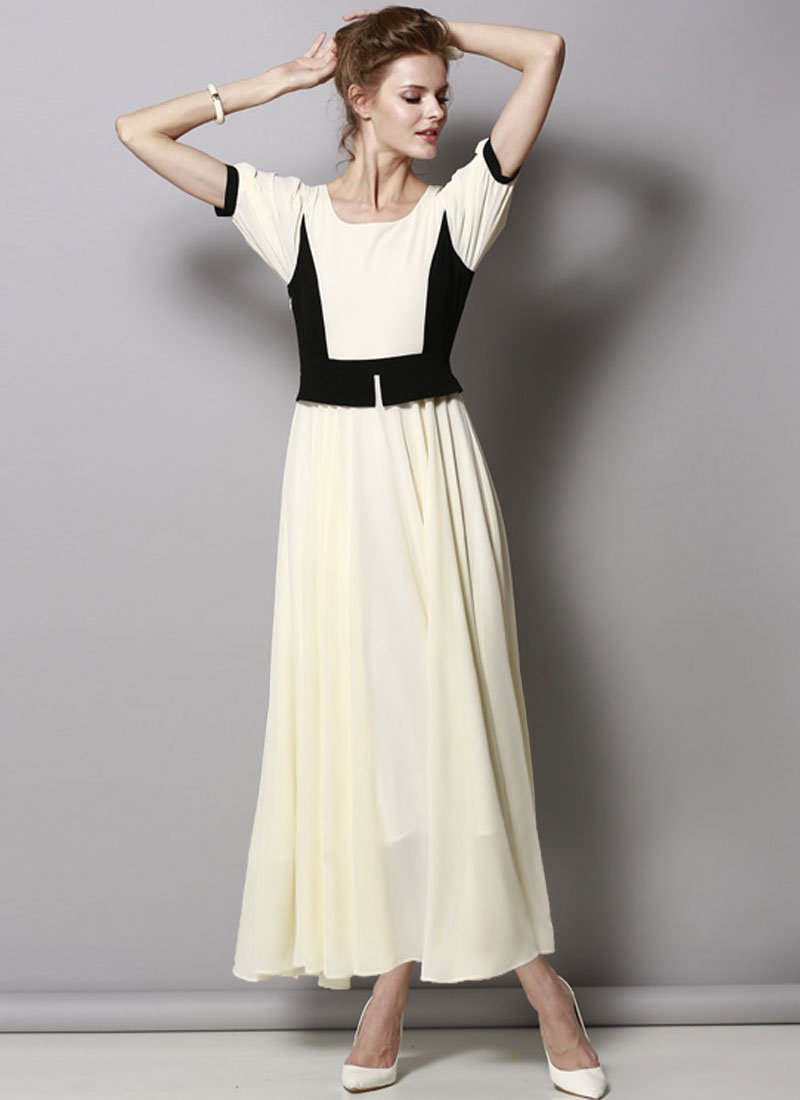 Moonlight Beige Maxi Dress with Black Peplum RM421