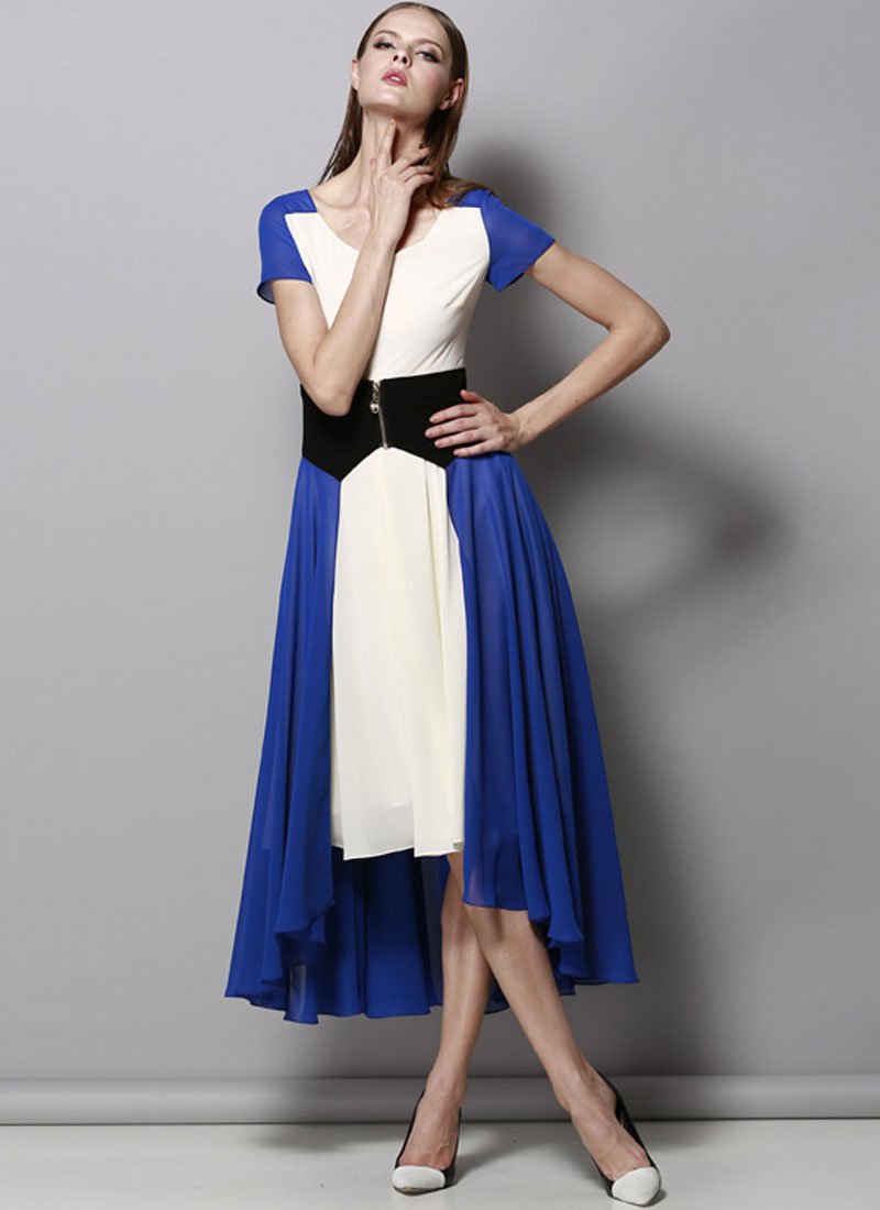 Ivory and Blue Hi Lo Hem Mixi Dress with Black Waist Yoke RM422
