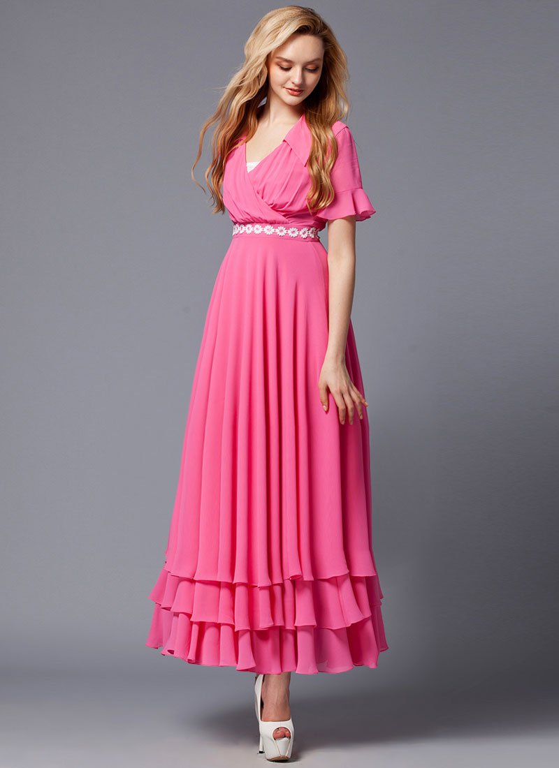 Fuchsia Maxi Dress with White Floral Lace Waist Yoke RM423