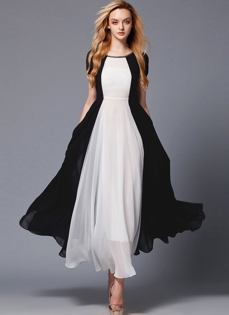 Black and White Maxi Dress with Rhinestone Neck RM425