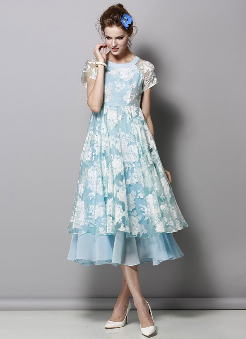 Sky Blue Floral Organza Midi Dress RM427
