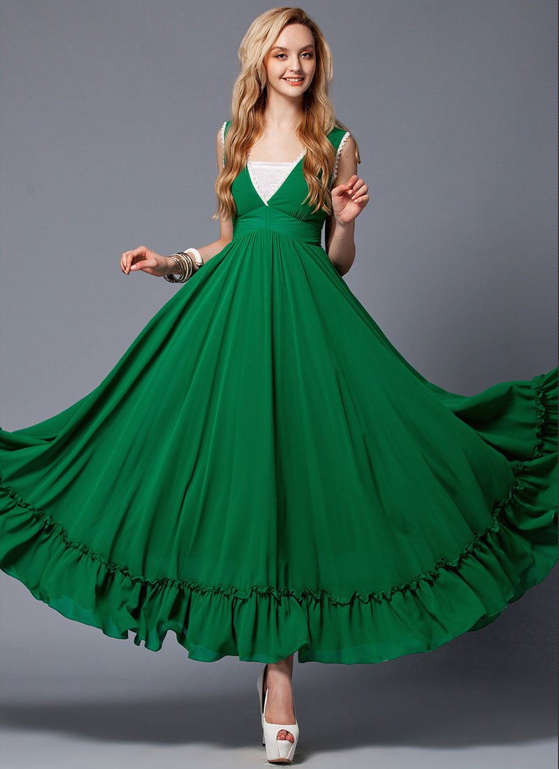 V Neck Emerald Green Maxi Dress with White Lace Trim Details RM431