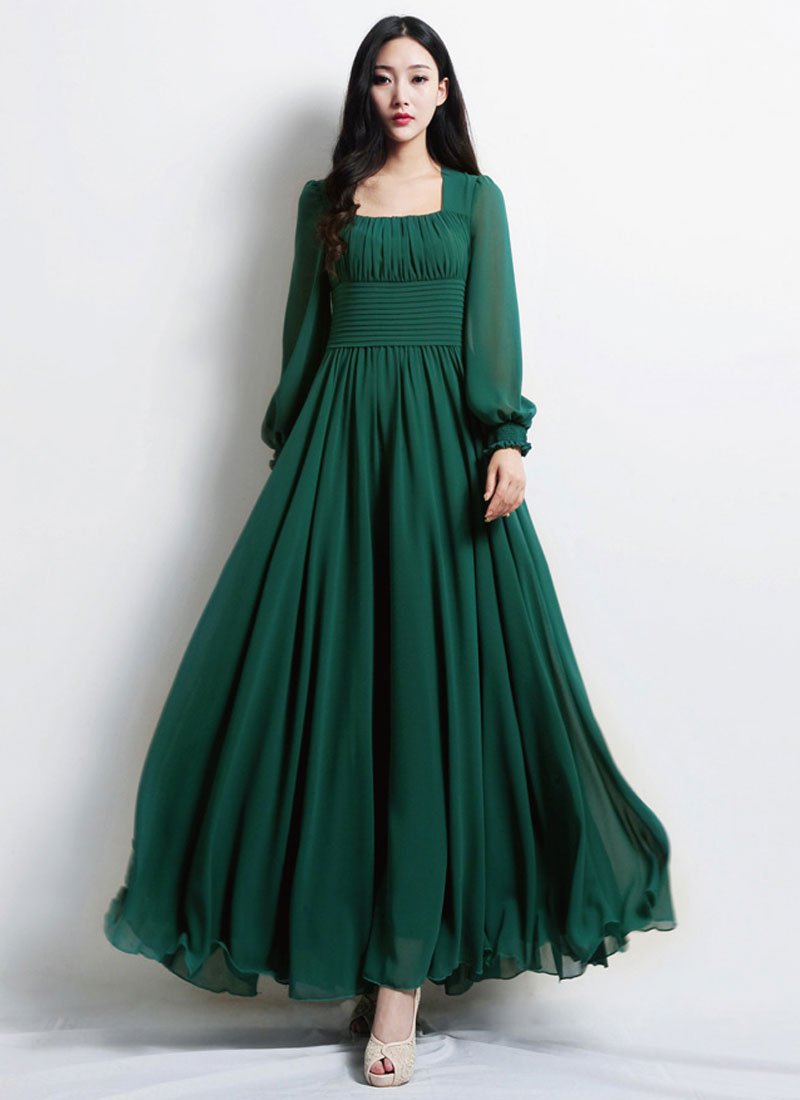 Empire Waist Emerald Green Maxi Dress with Square Neck RM444
