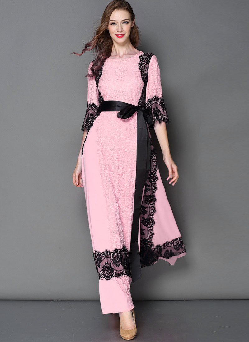 Pink Lace Chiffon Maxi Dress with Black Eyelash Lace Details RM445