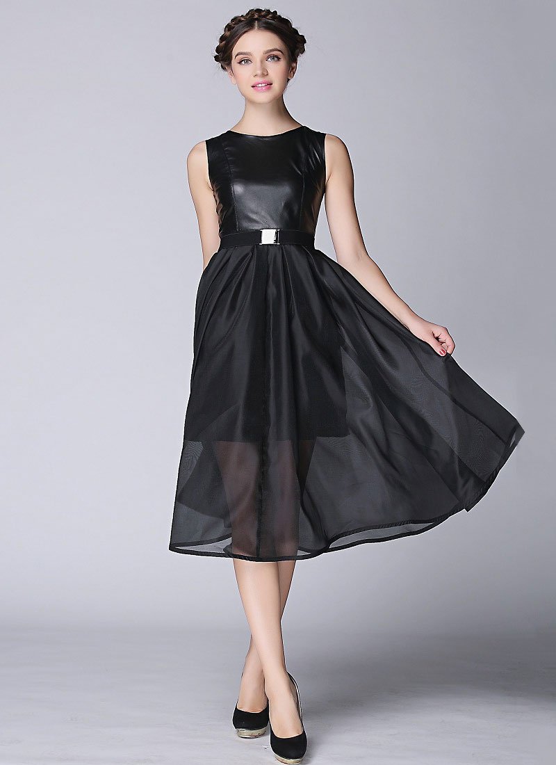 Black PU Leather & Organza Midi Dress RM448