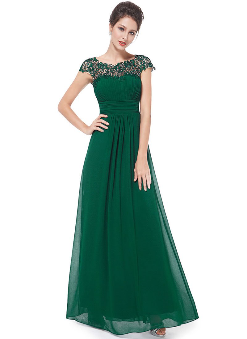 Embellished Open Back Green Lace Chiffon Evening Gown RM450