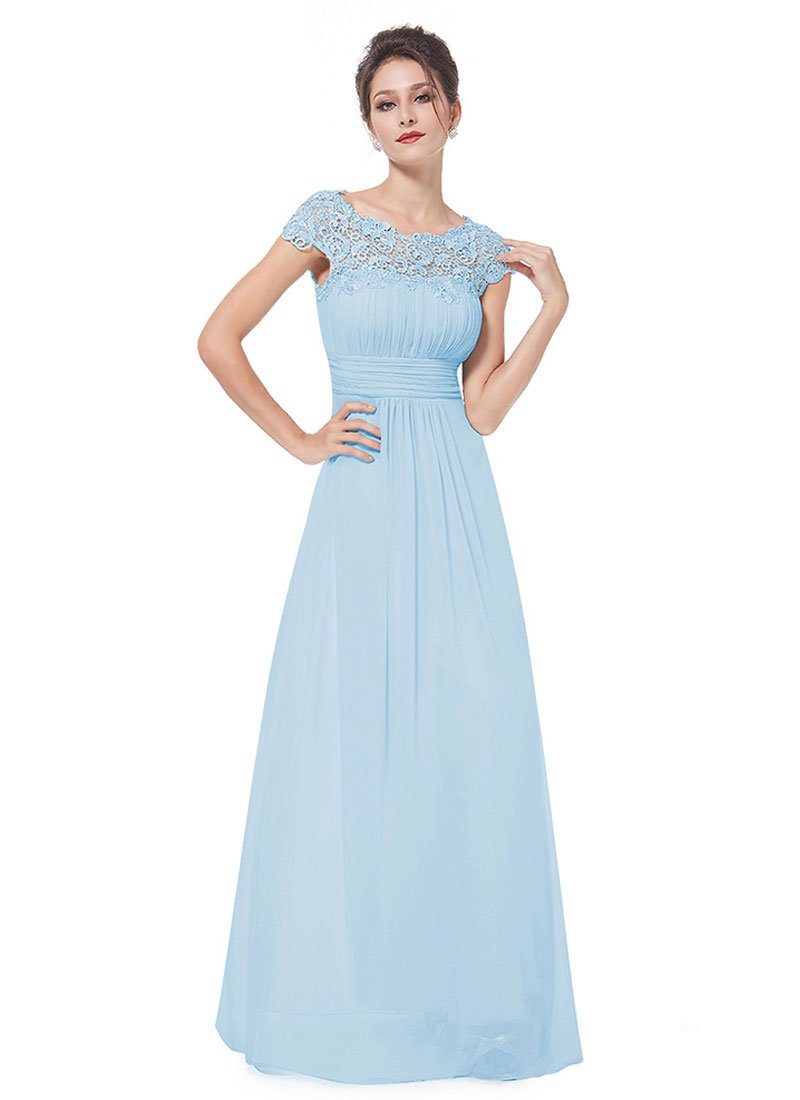 Embellished Open Back Light Blue Lace Chiffon Evening Gown RM450