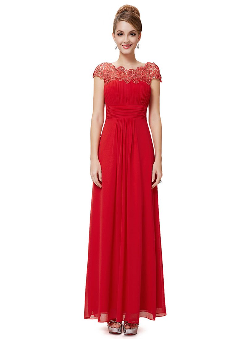 Embellished Open Back True Red Lace Chiffon Evening Gown RM450