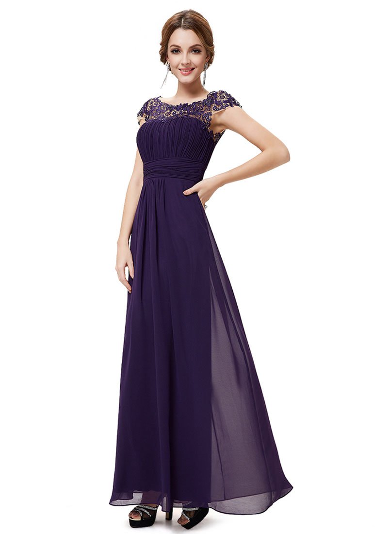 Embellished Open Back Dark Purple Lace Chiffon Evening Gown RM450