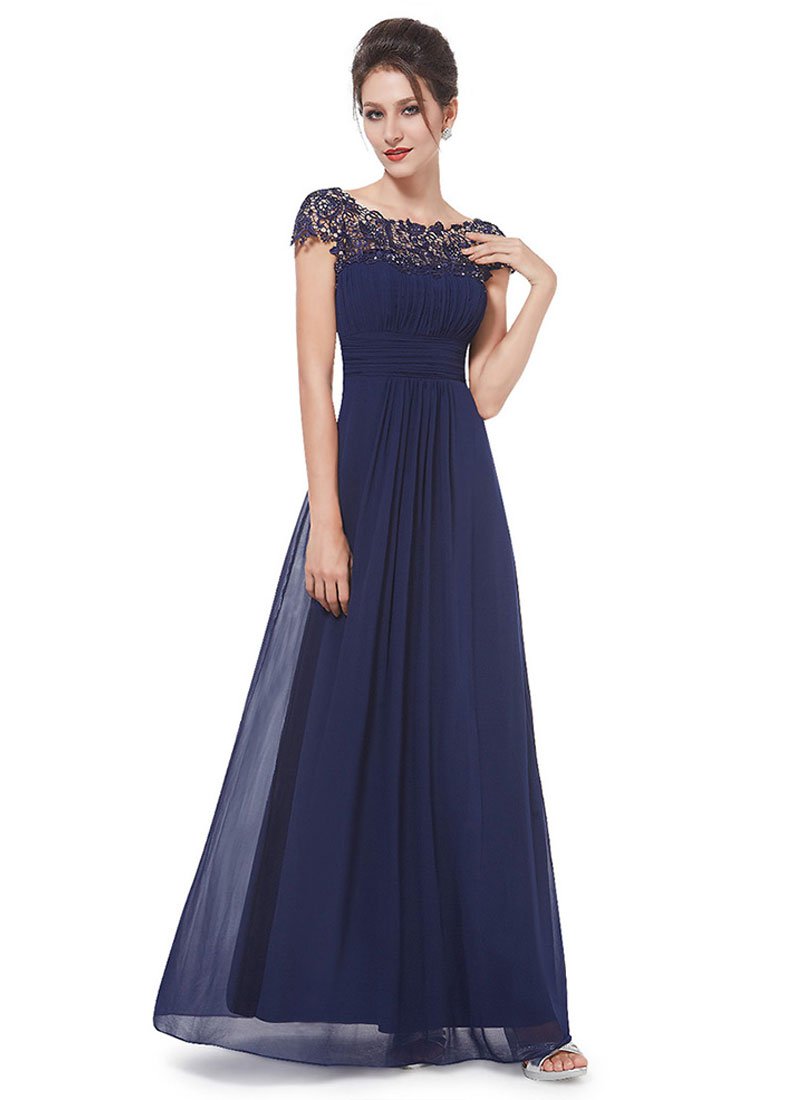 Embellished Open Back Navy Lace Chiffon Evening Gown RM450