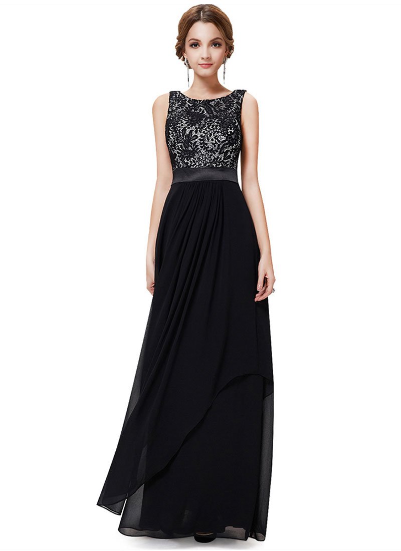 V Back Black Lace Chiffon Evening Dress with Satin Waist Yoke RM451