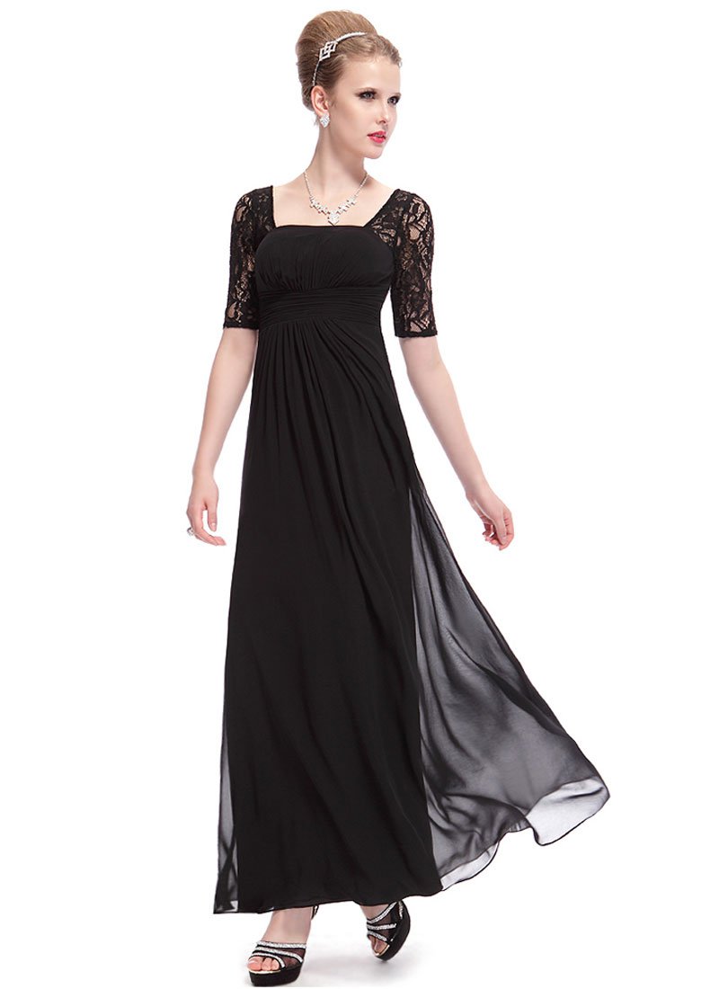 Empire Waisted Black Lace Chiffon Maxi Dress with Open Back RM452