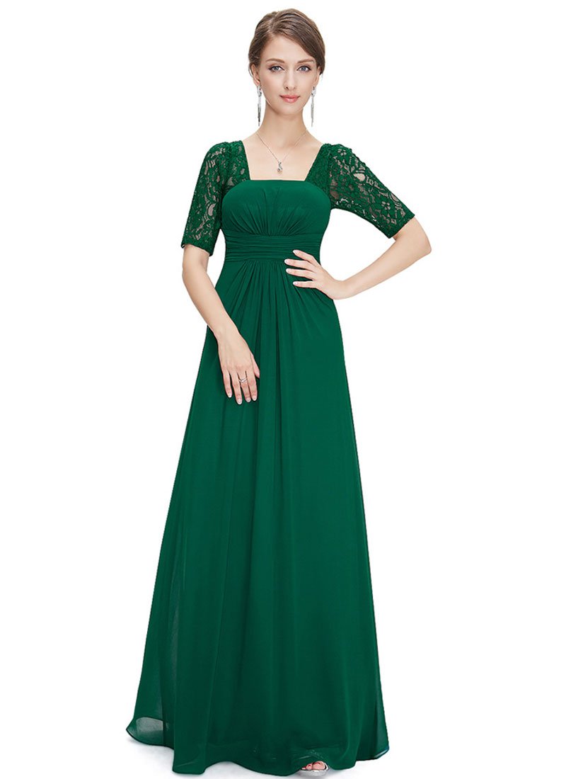 Empire Waisted Emerald Green Lace Chiffon Maxi Dress with Open Back RM452