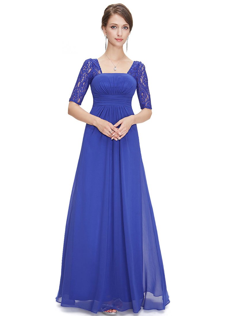 Empire Waisted Sapphire Blue Lace Chiffon Maxi Dress with Open Back RM452