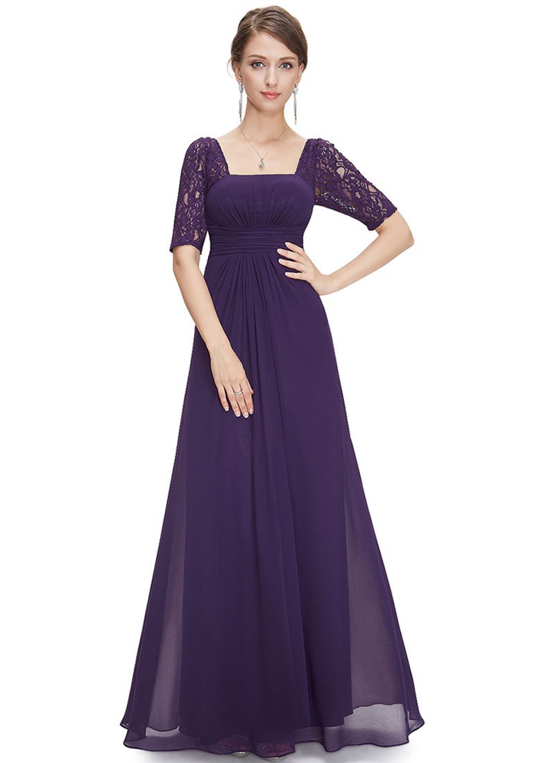 Empire Waisted Purple Lace Chiffon Maxi Dress with Open Back RM452