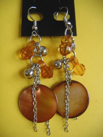 =NEW= Fashion earrings: dangling/ amber&silver tone metal beads/ brown pearl button