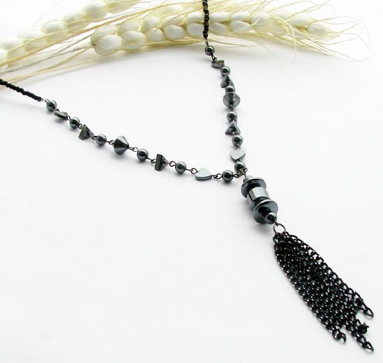 Black Magnetic Hematite Beads Long Chain Necklace