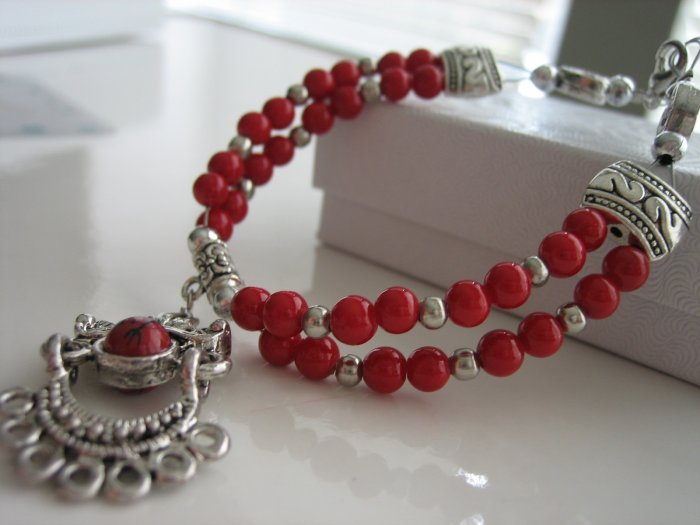 Unique Red Coral Stone Tibetan Silver Bracelet