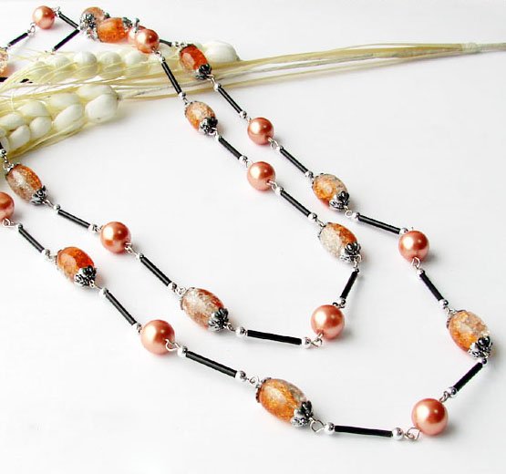 Beaded Necklace, Glass & Lazurite, Orange