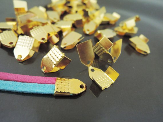 Finding - 20 pcs Gold Plated Flat Clamp Fold Over End Cap Crimps ( Inside 6mm )