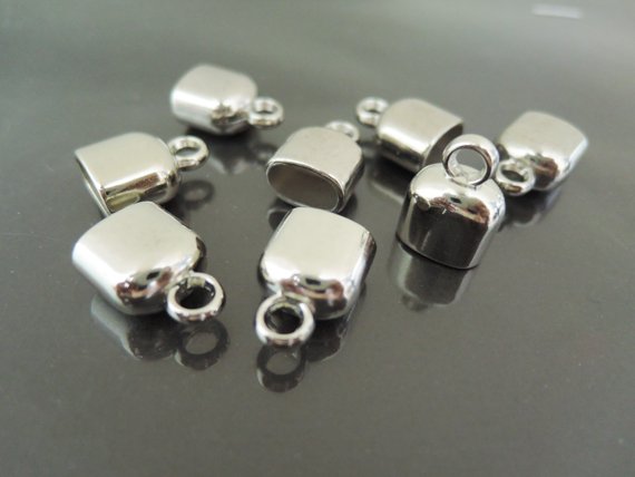 Finding - 4 pcs Silver Leather Cord Plastic Ends Cap with Loop For Round Leathers ( 10mm x 6mm )