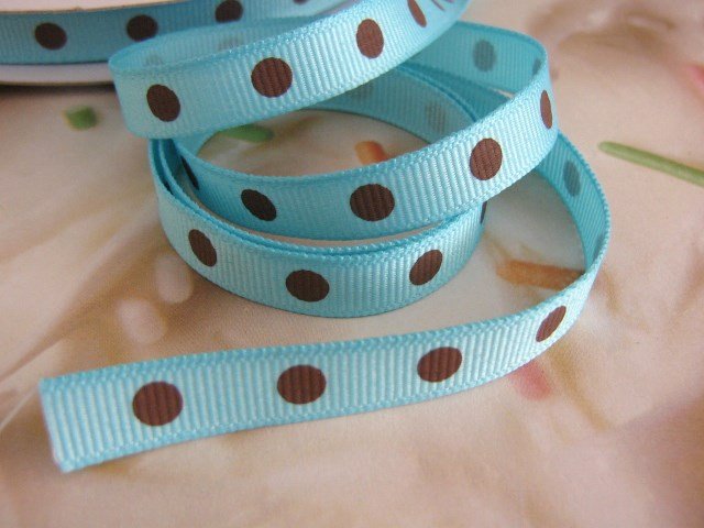 3/8 Inch Wide Blue Grosgrain Ribbon Brown Polka Dots 5 Yards