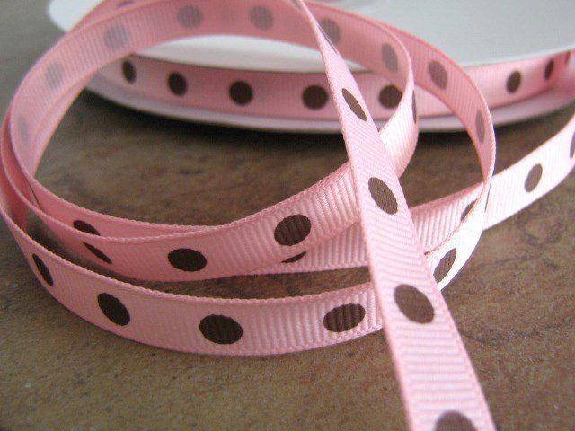 3/8 Inch Wide Pink Grosgrain Ribbon Brown Polka Dots Trim 5 Yards