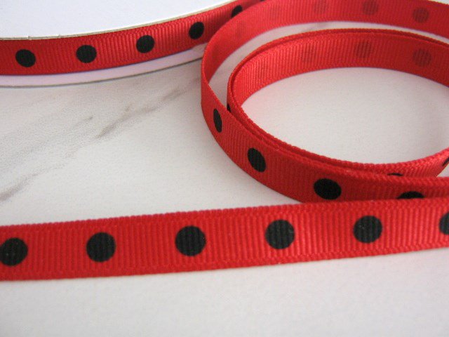 3/8 Inch Wide Red with Black Polka Dot Grosgrain Ribbon 5 Yards