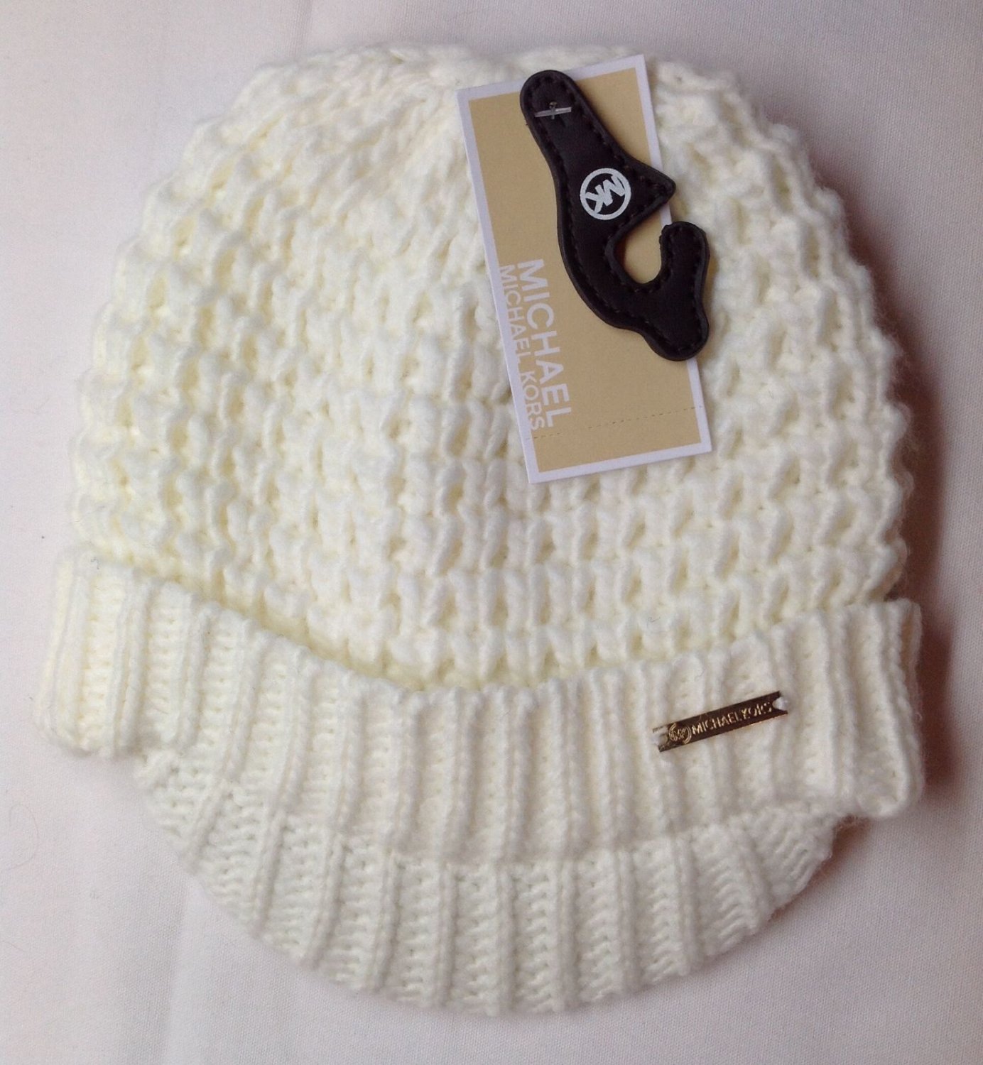 White Michael Kors Womens Cable Knit Brim Hat Winter Cap Nwt Free