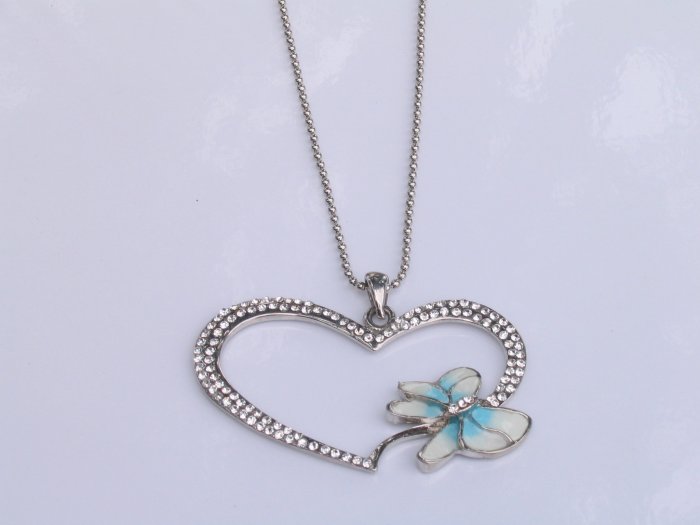 JN04 SilverTone Big Heart and Dragonfly Necklace wholesale price $9.99