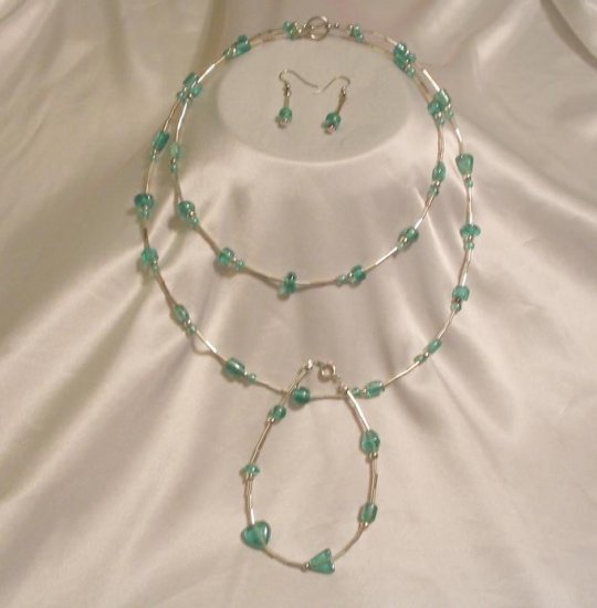 LIGHT GREEN & SILVER NECKLACE & EARRINGS & BRACELET