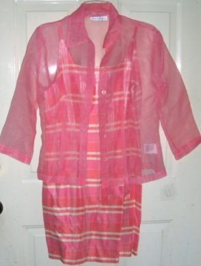 Womens Peach Plaid 2 pc Dress & Sheer Blouse 7/8 New