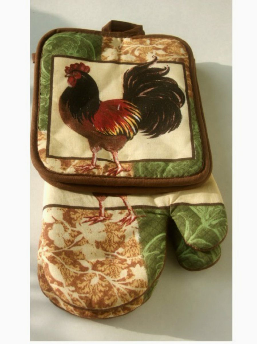 Rooster Potholders Oven Mitts Kitchen Linens Set