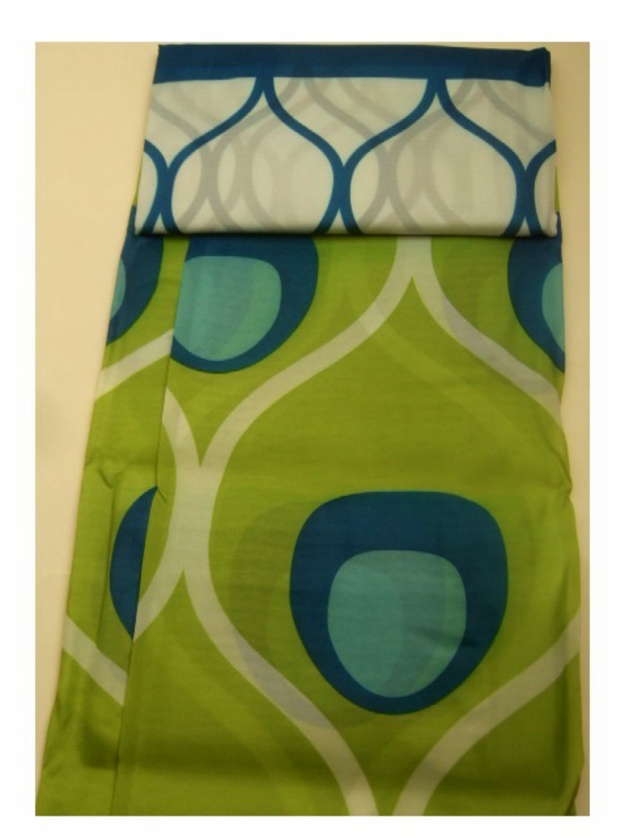 Lime Green Blue Peacock Design Fabric Shower Curtain with Beaded Roller Hooks