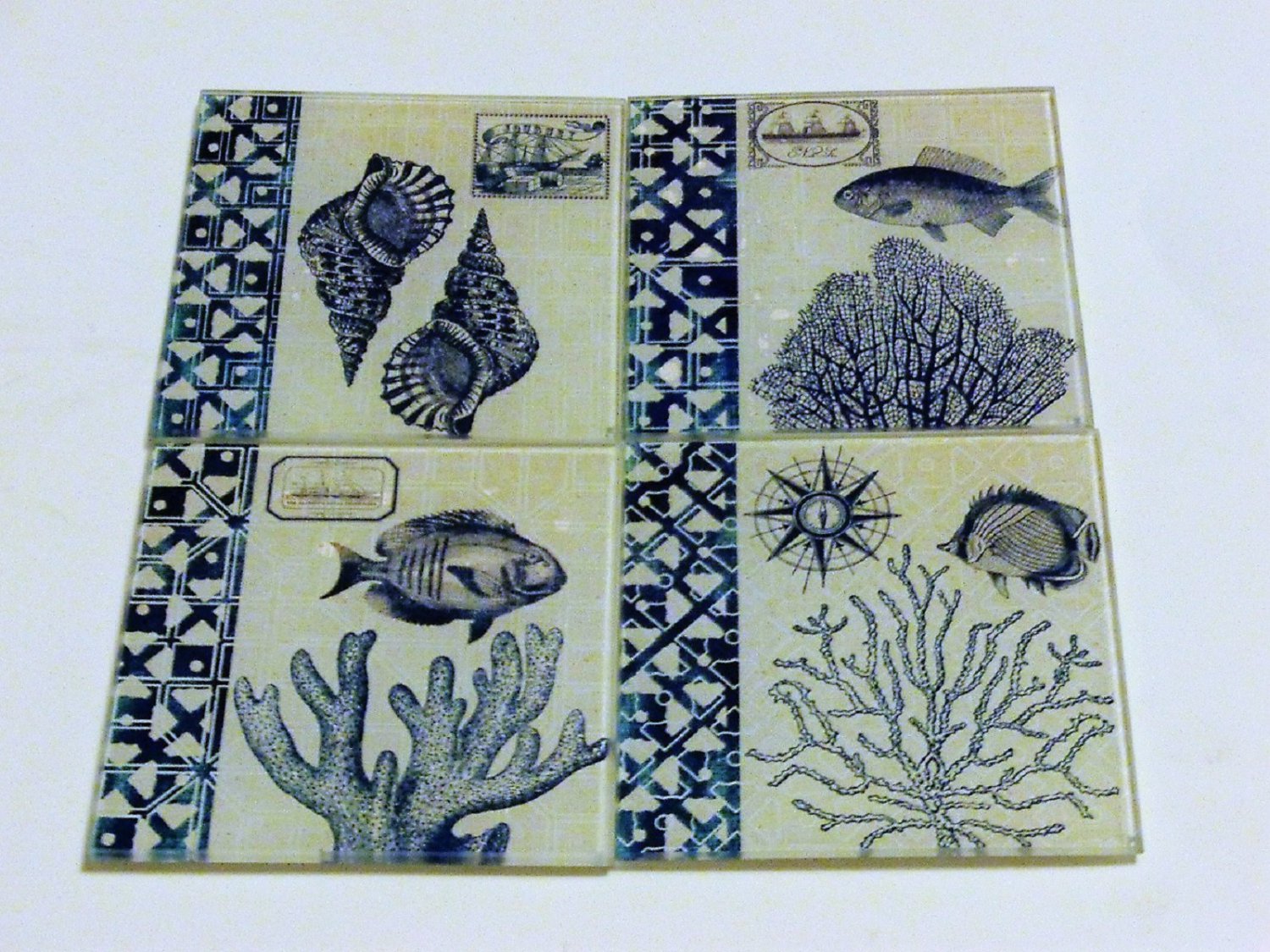Nautical Glass Coasters Set and Caddy Beach Decor