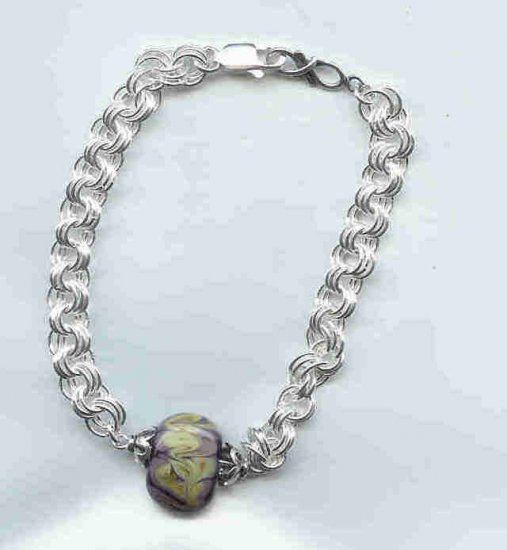 Purple Chain Maille Bracelet, sterling silver, lampwork glass