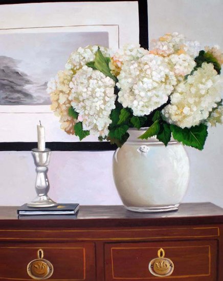 White hydrangeas on dresser 20" x 24" Original Oil