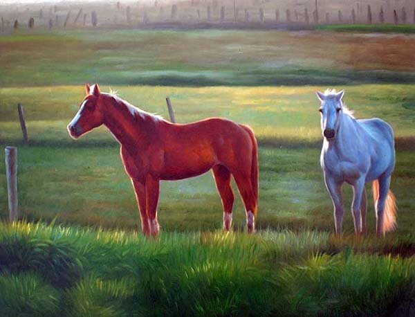 Horses In Green Pasture 20" x 24" Original Oil