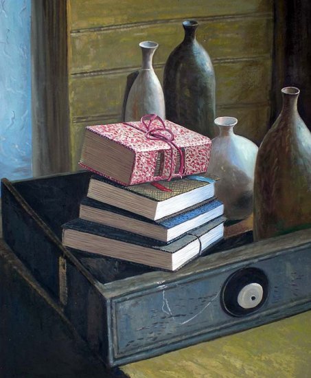 Still life with books and vases 20" x 24" Original Oil