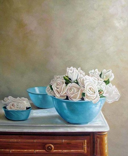 White Roses in Blue Bowl 20" x 24" Original Oil