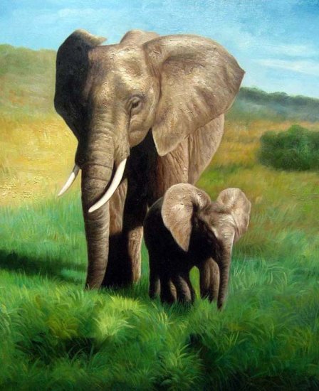 Mother and Baby Elephant 20" x 24" Original Oil