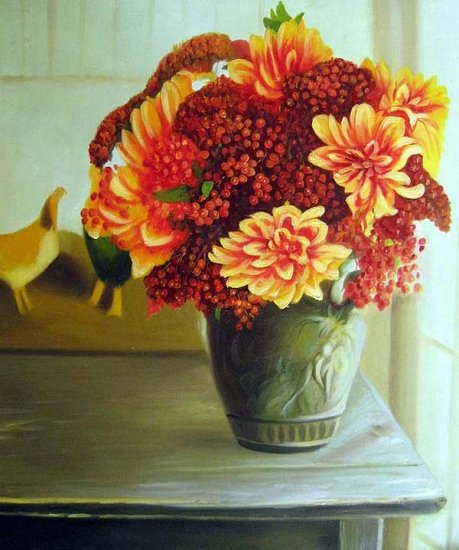 Arrangement of Sedum and Dahlias 20" x 24" Original Oil