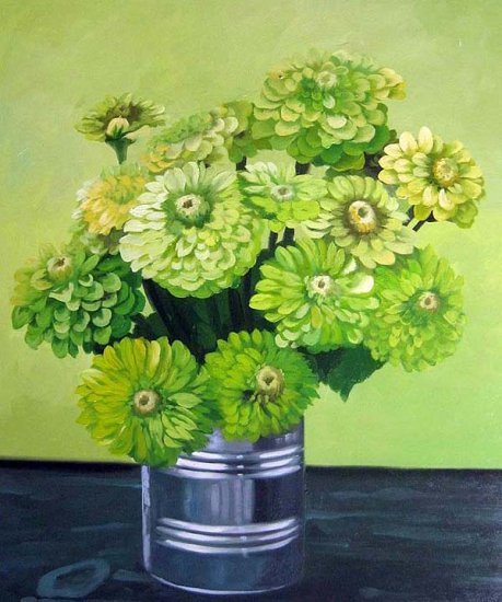 Green Zinnias in a Can 20" x 24" Original Oil